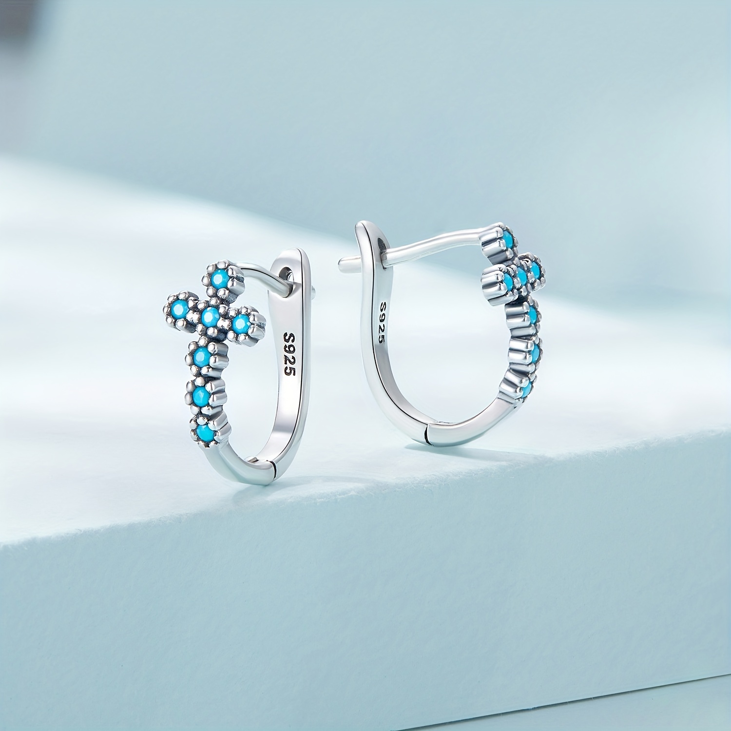 925 Silver Cross Pattern Turquoise Hoop Earrings Bohemian Style
